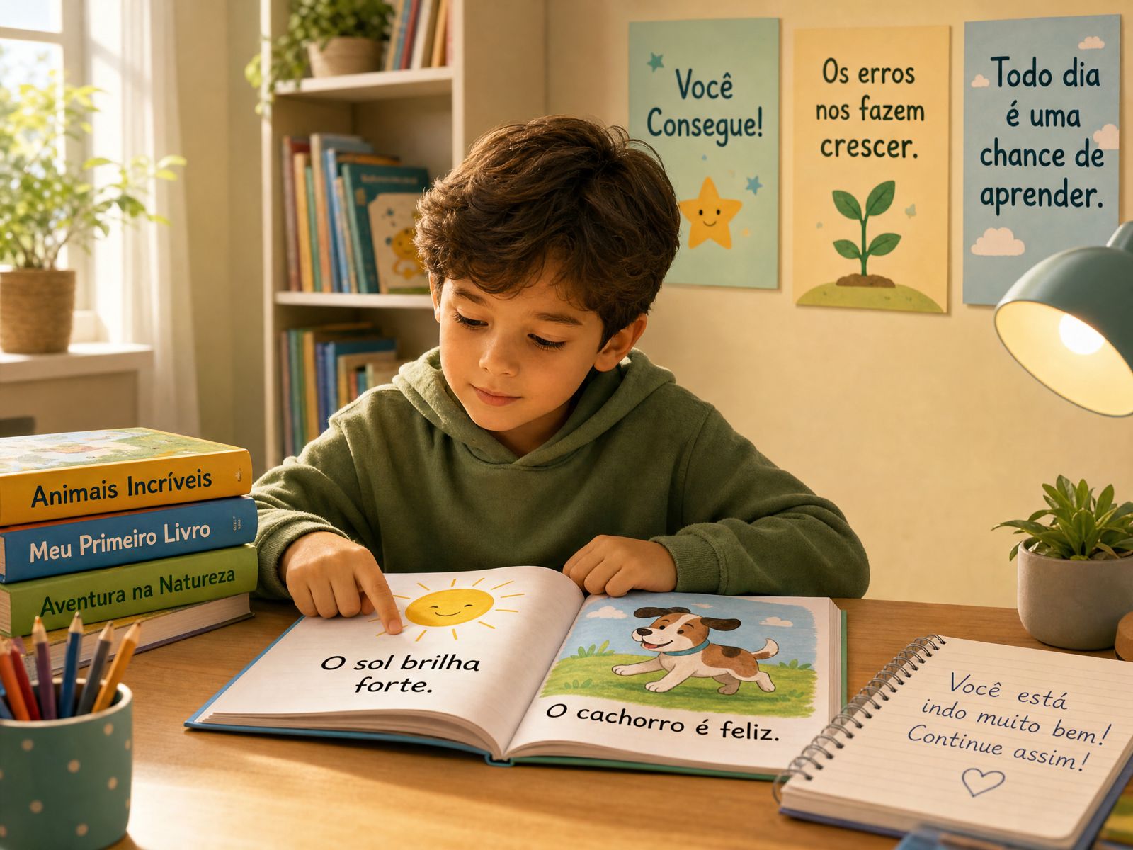 Criança lendo um livro com letras coloridas ao redor