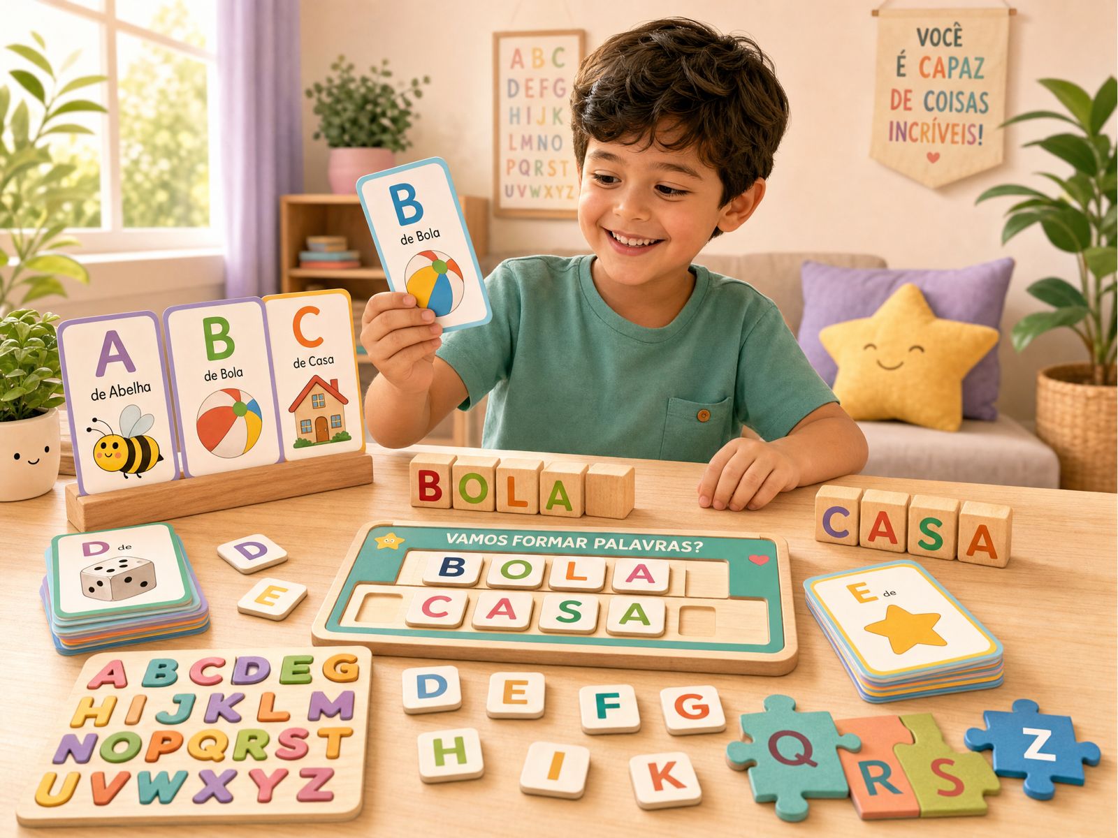 Criança brincando com atividades de letras